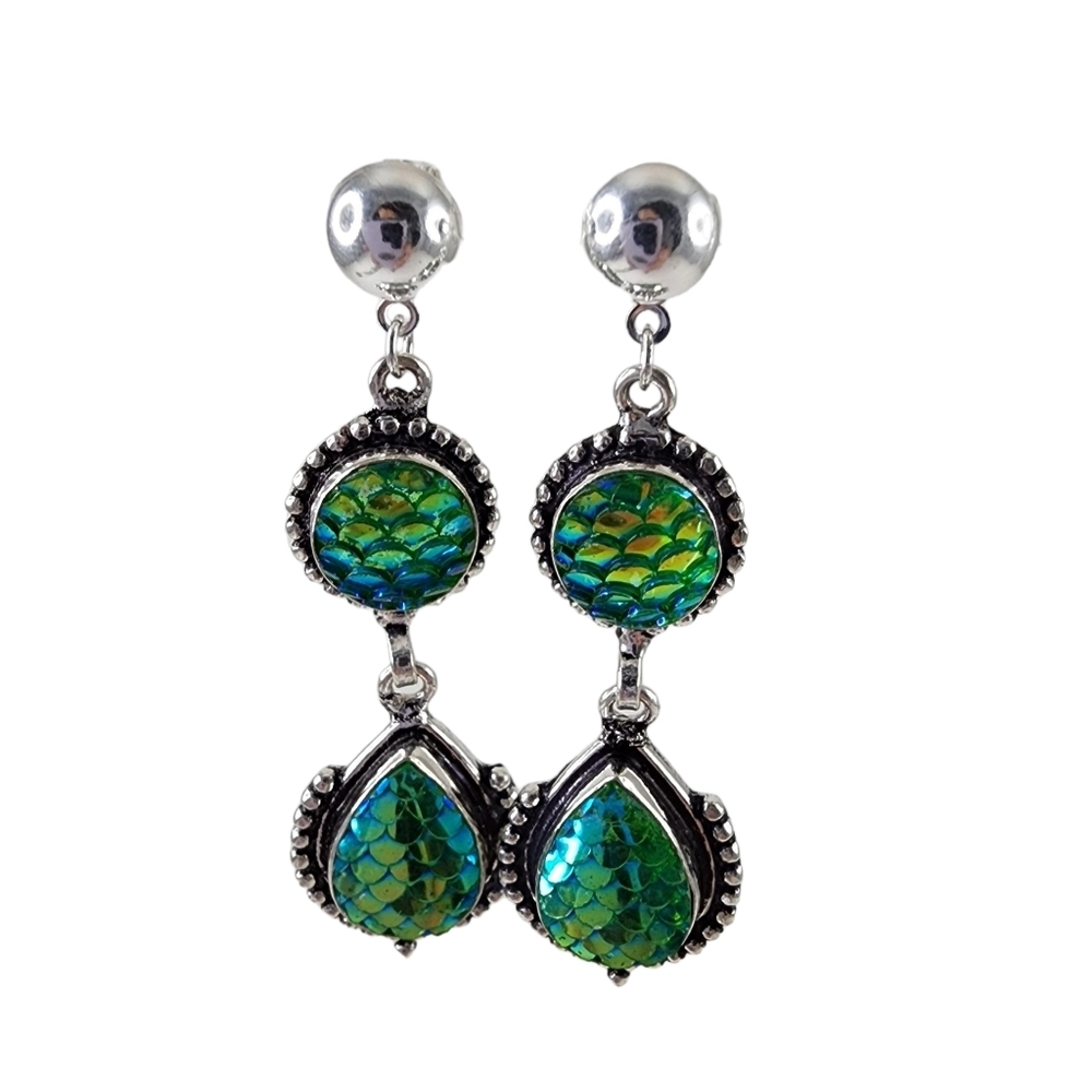 Mermaid dangle earrings green carved titanium set in silver overlay